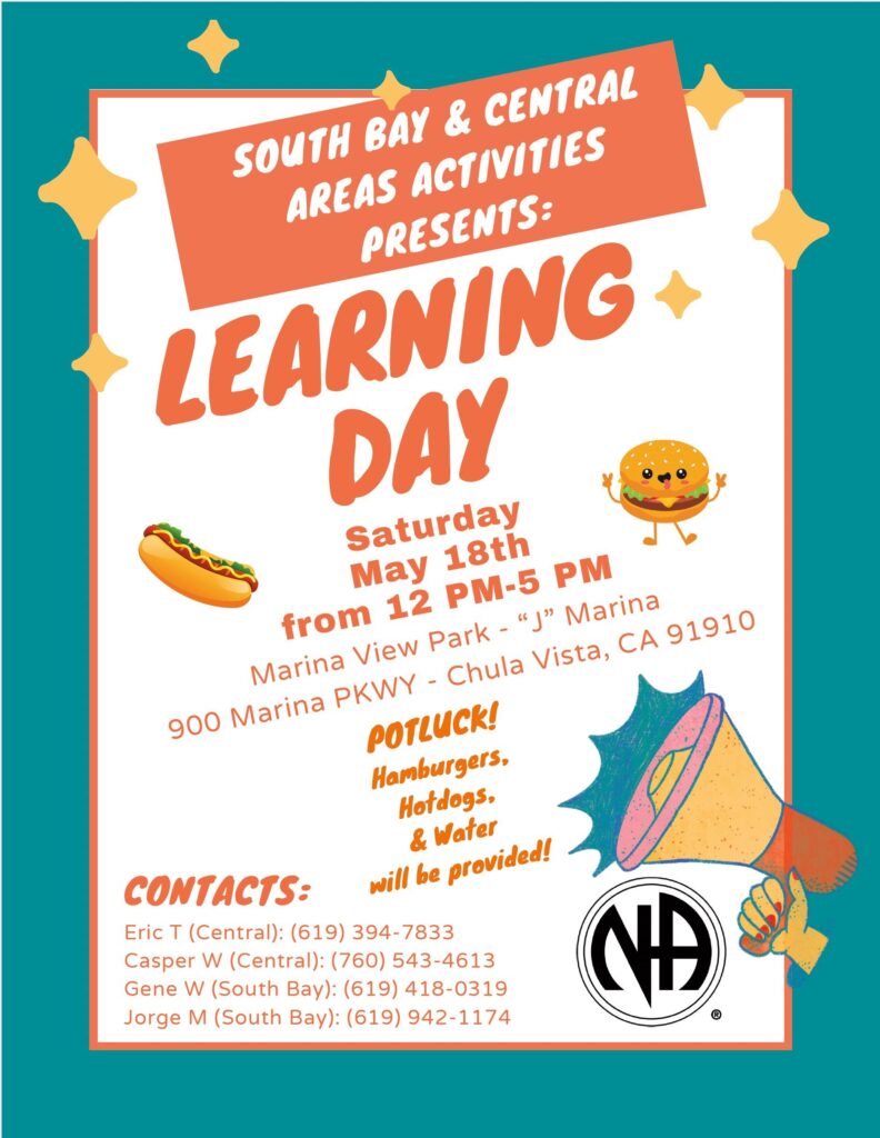 South Bay & Central Areas Activities Presents: Learning Day. Saturday May 18th, 2024 from 12pm-5pm. Marina View Park - "J" Marina, 900 Marina PKWY - Chula Vista, CA 91910 Potluck! Hamburgers, Hotdogs, & Water will be provided! Contacts: Eric T (Central): 619.394.7833, Casper W (Central): 760.543.4613, Gene W (South Bay): 619.418.0319, Jorge M (South Bay): 619.942.1174